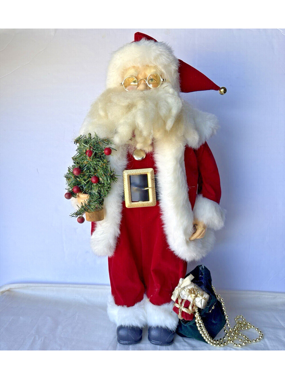 Santa Claus Christmas Figurine Red Velvet w/ Sack Gift Bag & Tree 19” tall